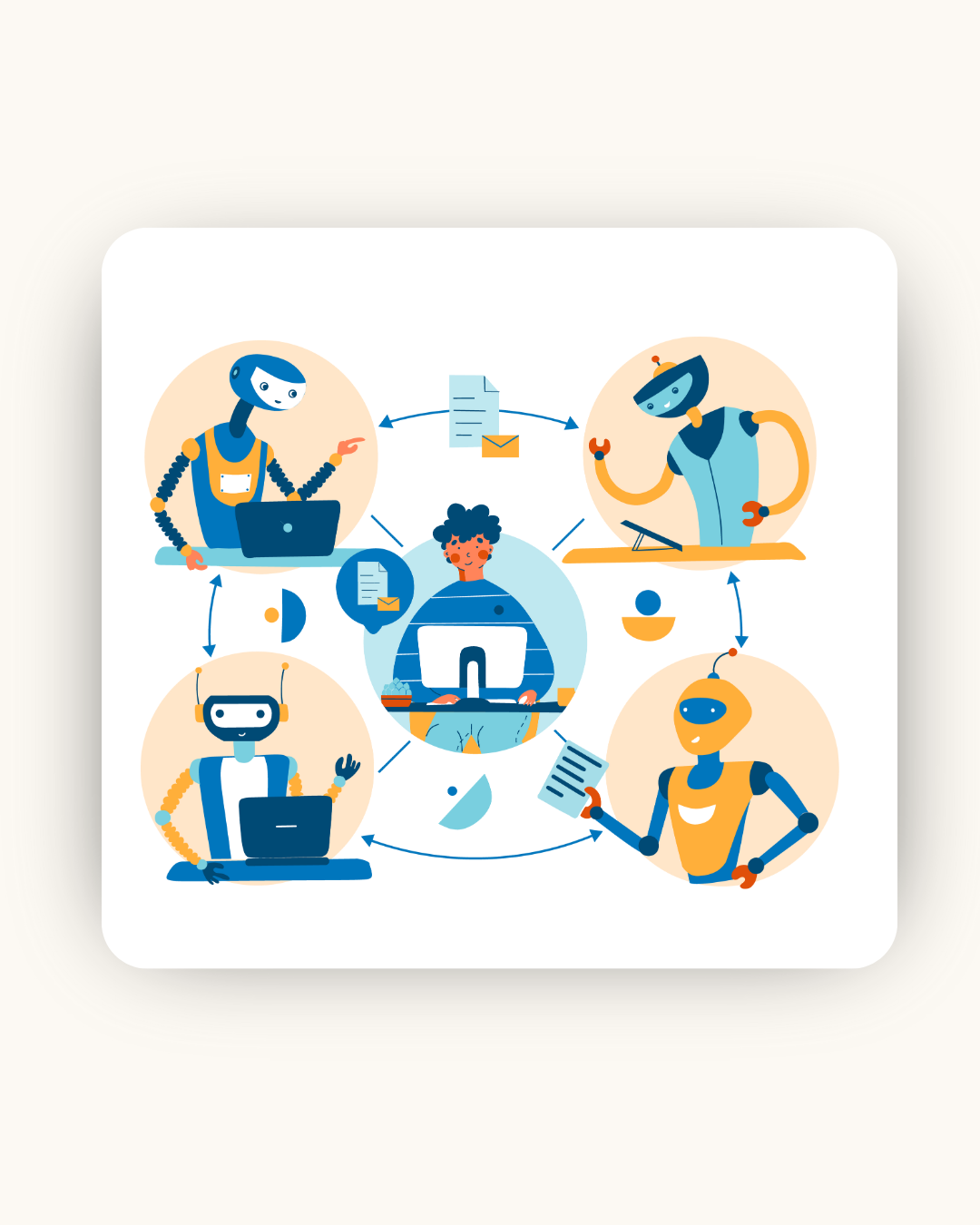 Illustration showing a central human figure at a computer surrounded by four helpful robots exchanging documents and messages in a collaborative flow.