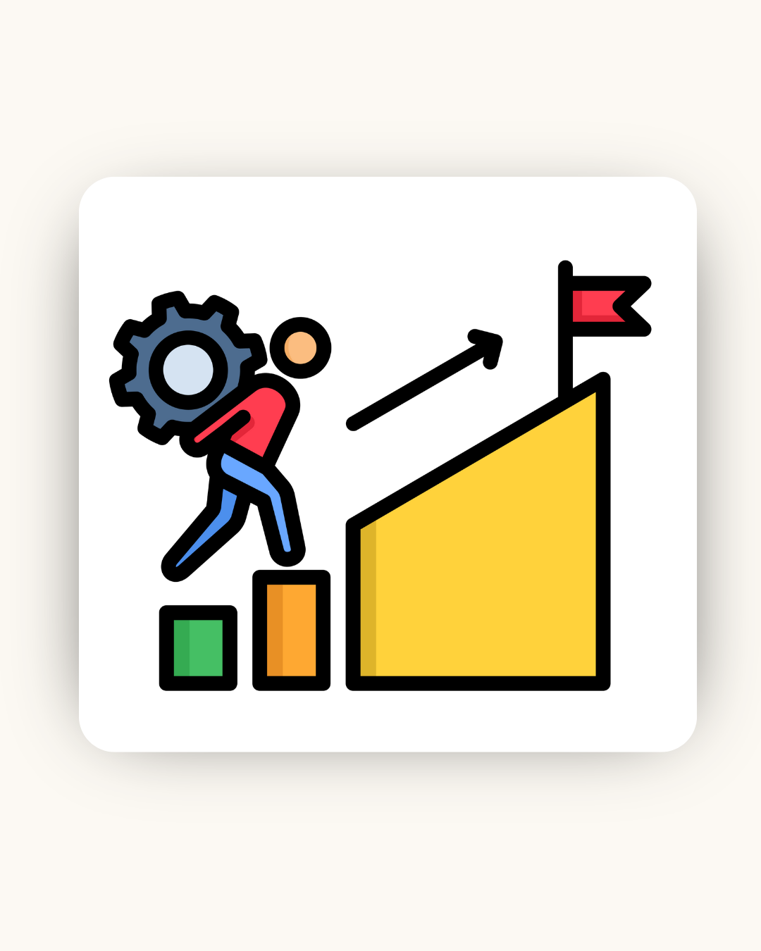 Person carrying gear climbs steps toward flag on a yellow slope, symbolizing overcoming challenges to reach goals.