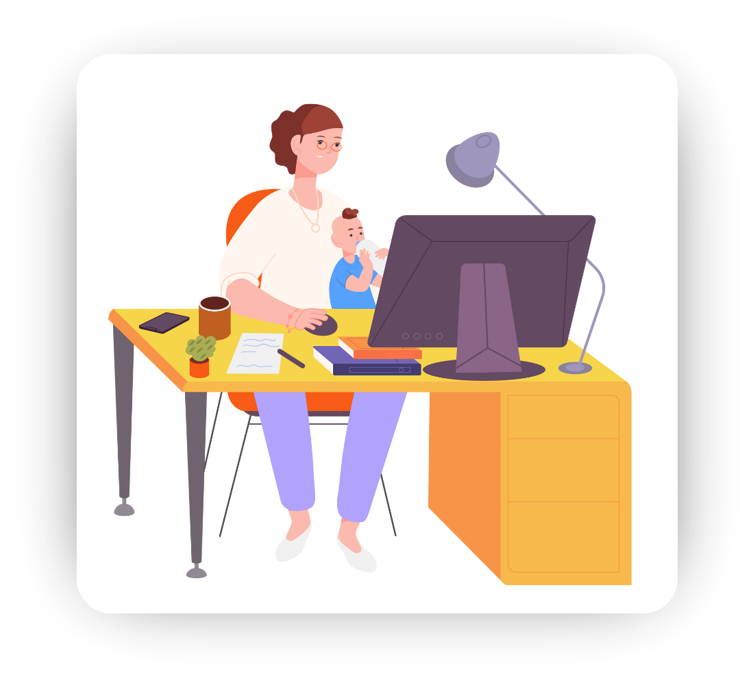 A person works on a computer at a desk while holding a young child in their lap, showing work and motherhood balance. 