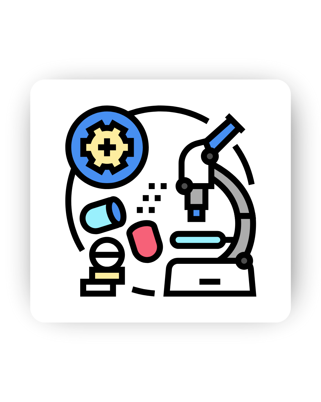 Illustration of a microscope, pills, and medical gear symbols representing scientific research and pharmaceutical development.