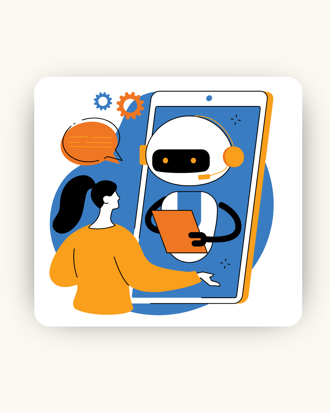 A person interacts with a chatbot on a phone for customer service, indicated by speech bubbles and gear icons.