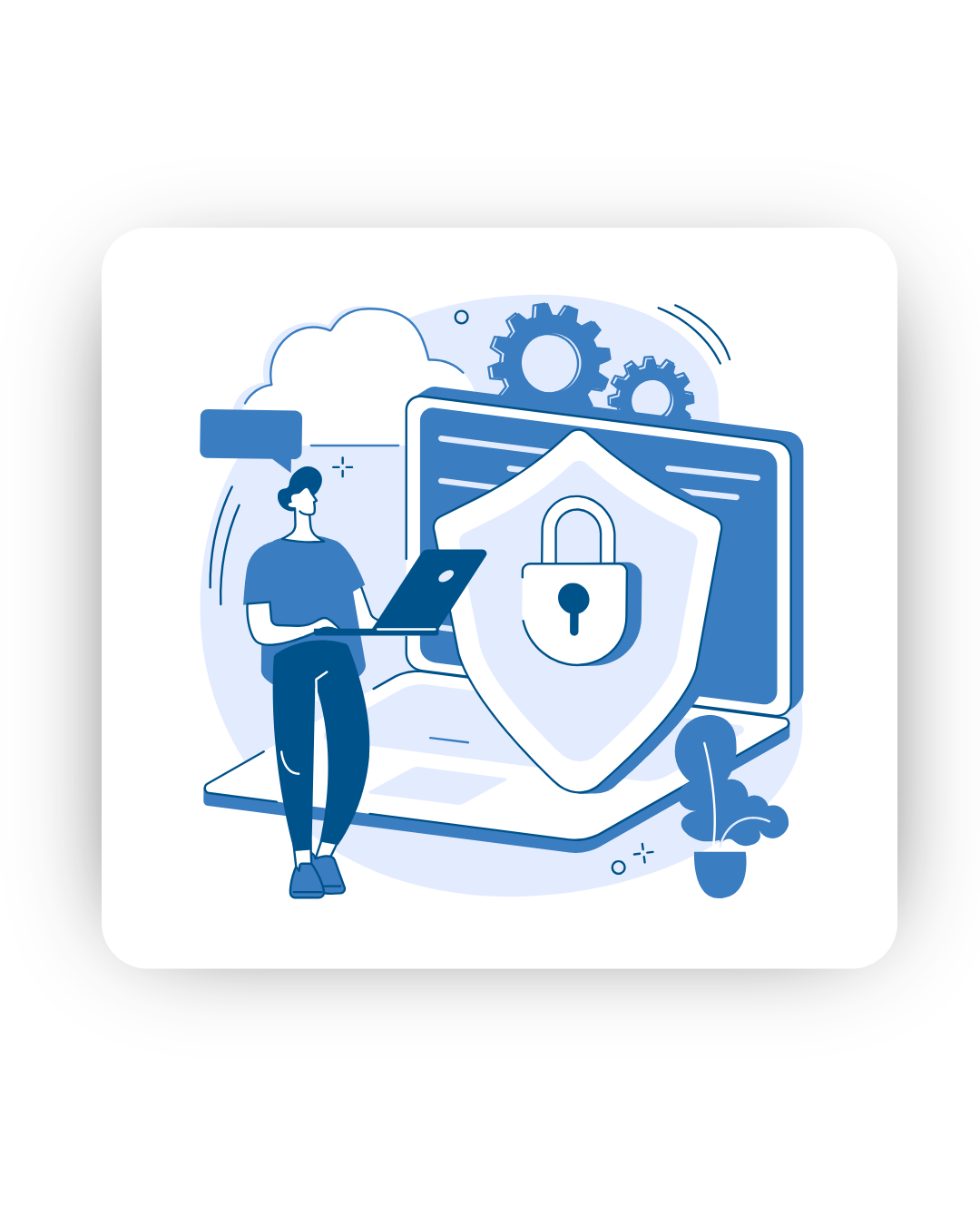 Illustration of cybersecurity: Person with a laptop beside a large shield icon on a computer screen, symbolizing data protection and security.