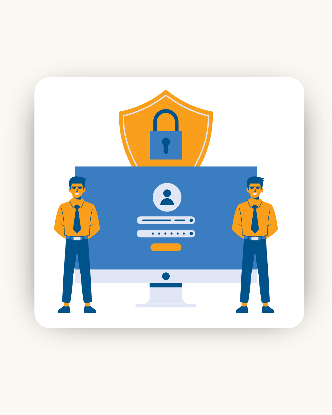 Illustration of a computer screen with login details, flanked by guards, under a security shield with a padlock.