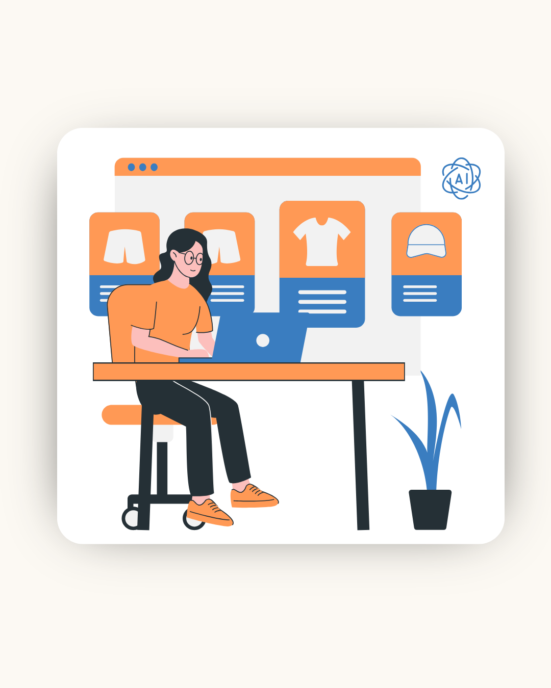 Person shopping online for clothes on a laptop, with an AI icon suggesting smart recommendations.