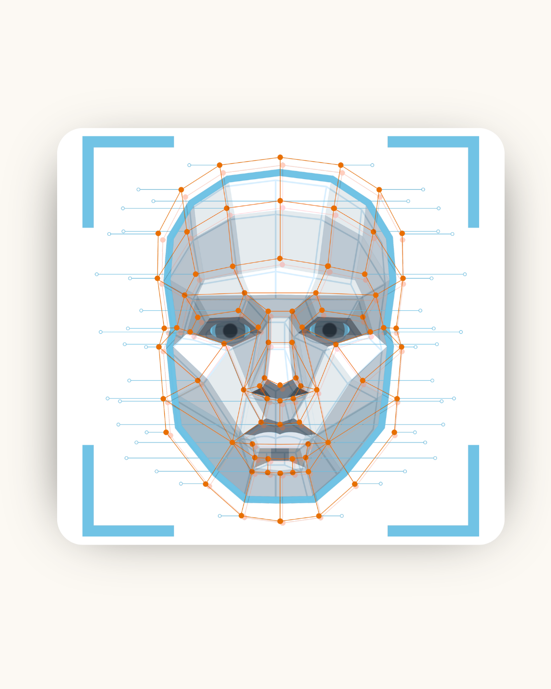 Facial recognition scan: a geometric mesh overlaid on a face, highlighting key identification points within blue brackets.