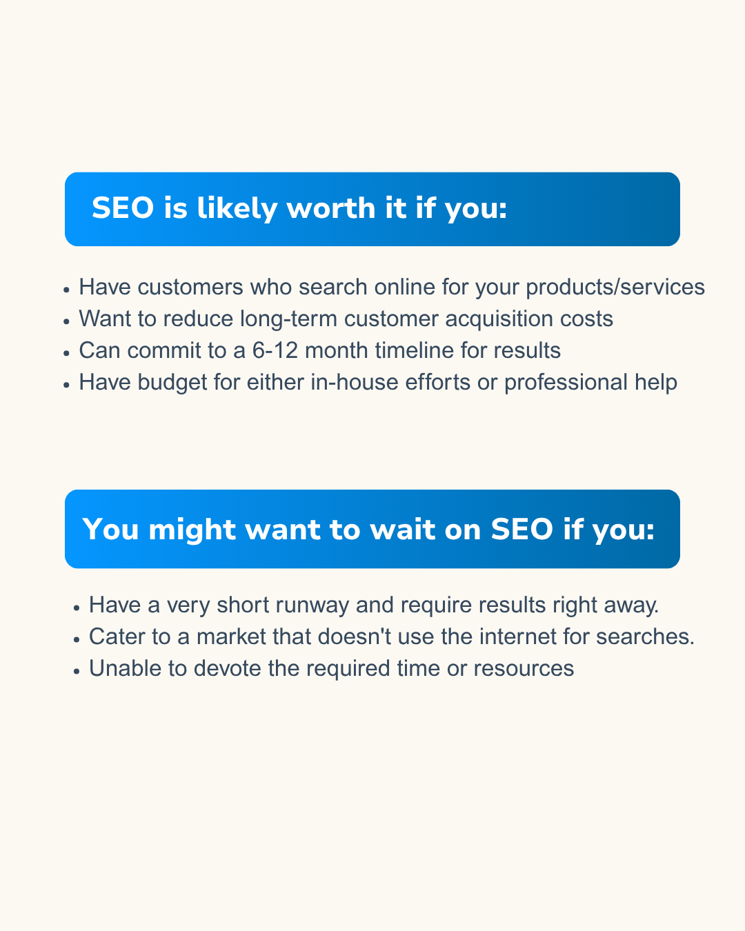 "Infographic on SEO benefits and keyword rankings, listing conditions for effectiveness and short-run needs."