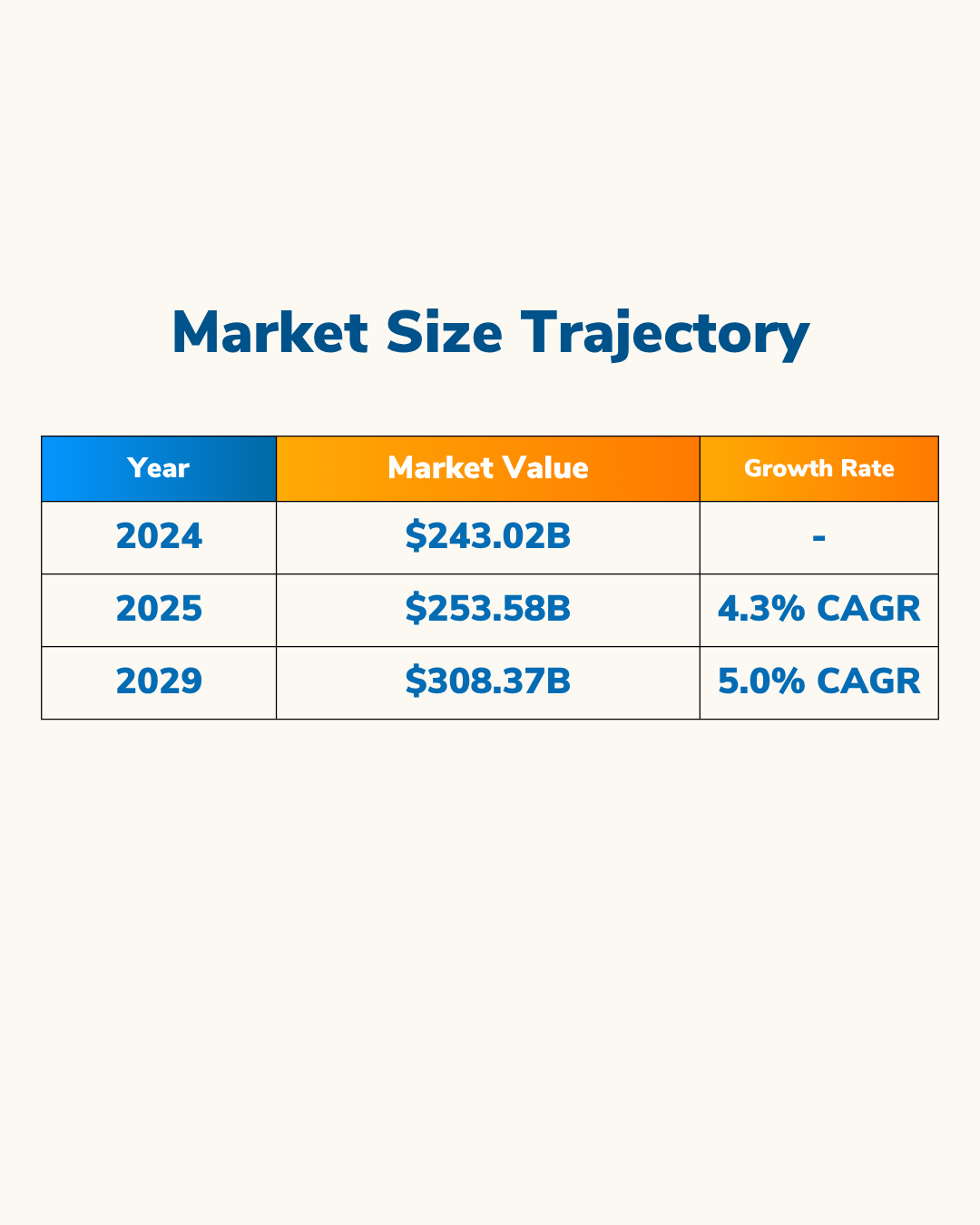 Table titled 'Market Size Trajectory' with market values from 2024 to 2029, starting at $243.02B in 2024 and growing to $308.37B with a 5.0% CAGR by 2029.