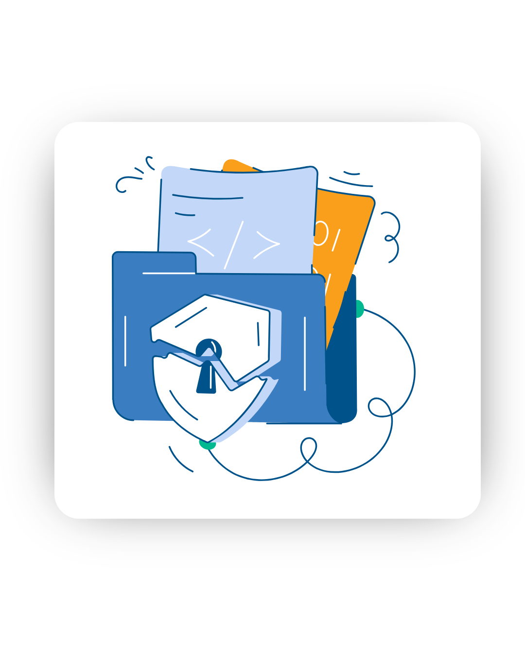 Illustration of a secure data concept: files and code enclosed within a folder protected by a shield with a keyhole, symbolizing cybersecurity.