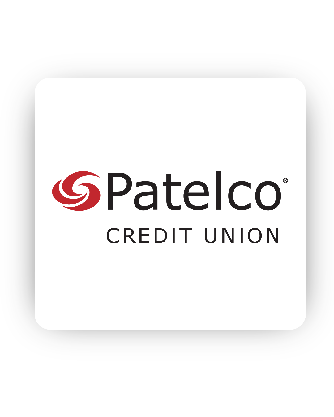 Logo for Patelco Credit Union featuring a red spiral swirl graphic next to the word "Patelco" in bold black letters above "Credit Union".