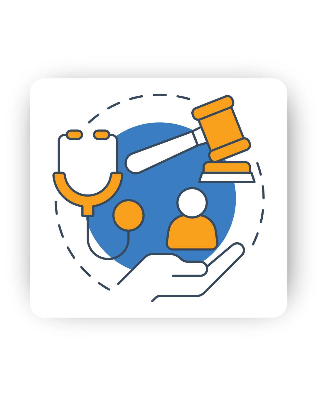 Illustration combining healthcare and legal icons, symbolizing personal health assistants and monitoring devices support.