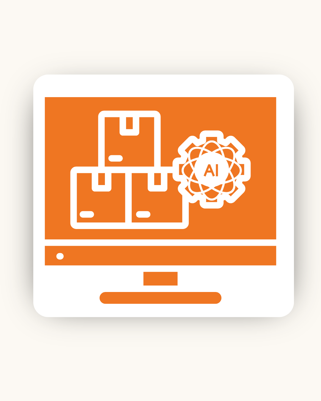 Orange icon showing boxes and an AI gear on a computer screen, representing AI in inventory or logistics management.