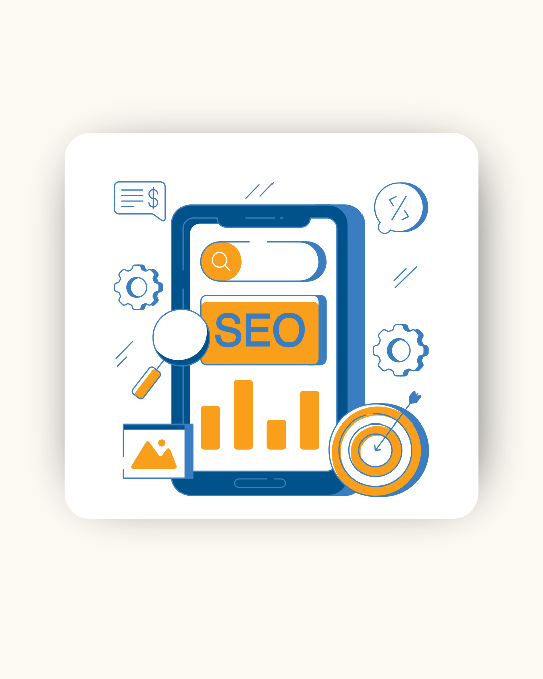 "Smartphone displaying SEO tools with graphs, search icon, gears, and target, illustrating digital marketing."