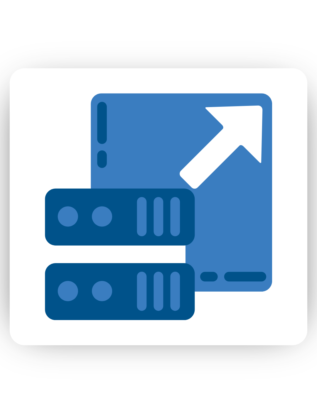 Blue icon depicting data transfer or migration with overlapping rectangles and an upward pointing arrow.