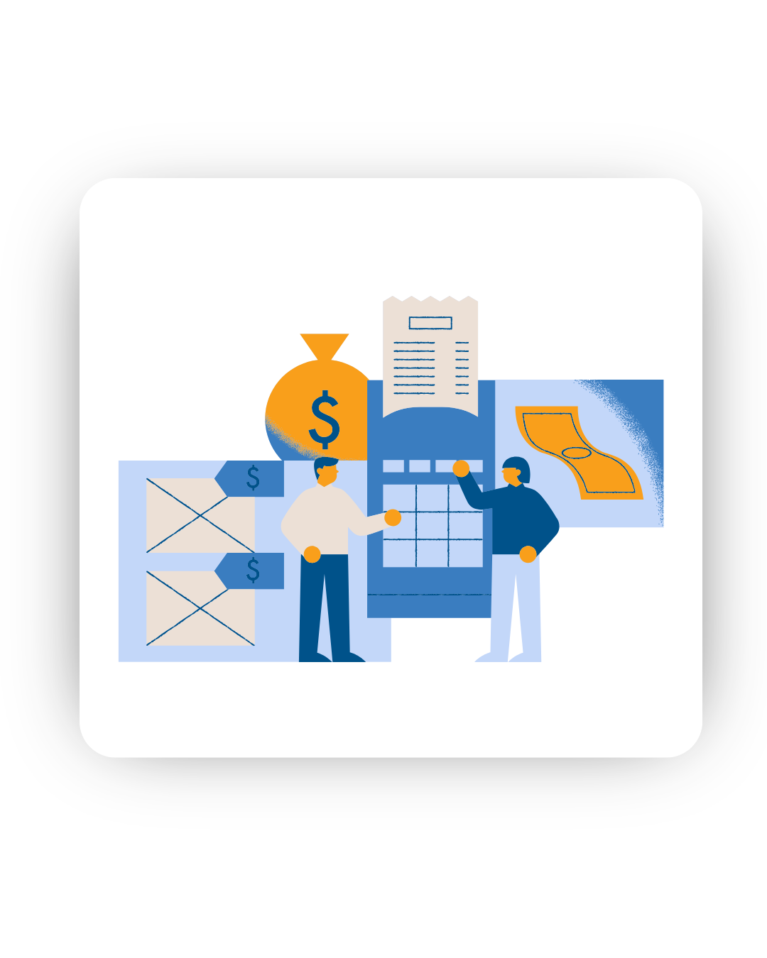 Illustration of two people discussing financial planning, with icons of a calendar, money bag, invoices, and currency notes, symbolizing budgeting.