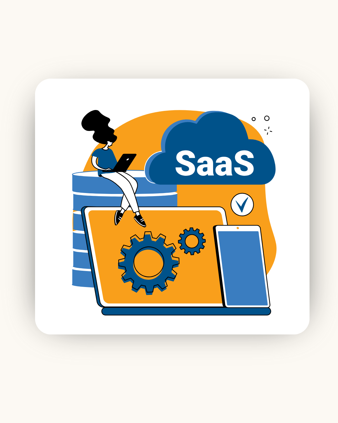 Illustration of a person with a laptop atop digital icons, featuring a cloud labeled 'SaaS,' gears, and a checklist, symbolizing cloud technology.