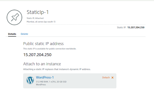 Amazon Lightsail- static IP creation
