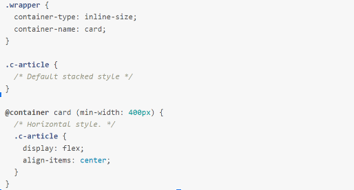 New CSS Features 2022 example of Container Queries syntax