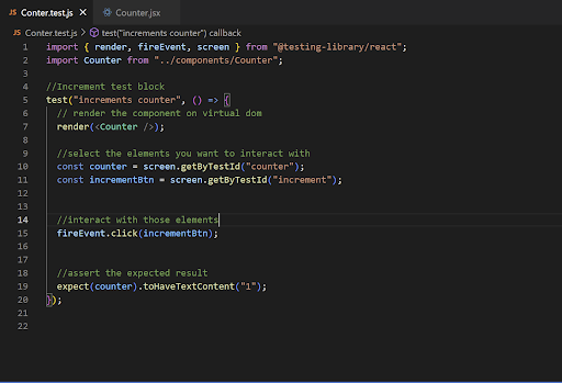 React Unit Testing with Jest, code snippet incrementing counter component