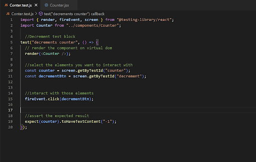 React Unit Testing with Jest, code snippet of using a decrement counter in the code