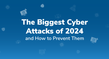 Blue background with text: "The Biggest Cyber Attacks of 2024 and How to Prevent Them," surrounded by icons of locks and viruses.