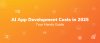 Orange gradient background with "AI App Development Costs in 2025: Your Handy Guide" text and various AI-related icons.