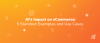 Orange gradient banner with "AI's Impact on eCommerce: 5 Standout Examples and Use Cases" and shopping-related icons.