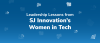 Blue background with "Leadership Lessons from SJ Innovation's Women in Tech" text and tech-related icons.