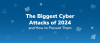 Blue background with text: "The Biggest Cyber Attacks of 2024 and How to Prevent Them," surrounded by icons of locks and viruses.